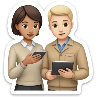 Two team members facing each other, one holding a notepad and the other gesturing, in a collaborative pose sticker