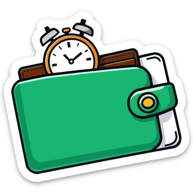 black wallet with a small clock hovering above it sticker