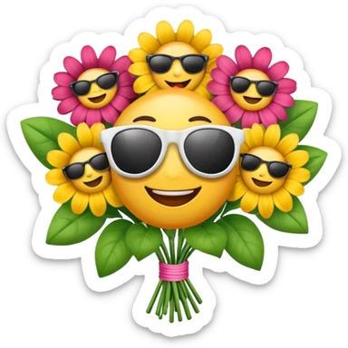 a bouquet of flowers with sunglasses and playful grins, emoji style, for Mother's Day sticker