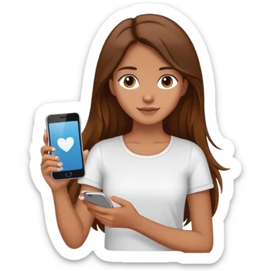girl with long brown hair wearing a white top holding a smartphone sticker