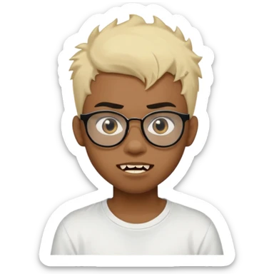 Black Male Teenager with Short punk messy blonde hair, Dark brown bushy eyebrows large expressive golden-brown eyes, wearing a plain white t-shirt, wearing thick black glasses, Dark Brown skin color. vampire tooth sticker