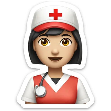 pixie cut black straight hair female nurse with red cross sign hat wearing dress
pale skin color sticker
