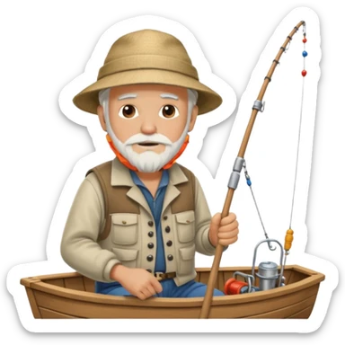 an old white haired, bearded man in fisherman attire, sat in a big boat on the ocean, casting a fishing line into the water sticker