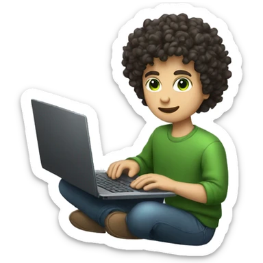 curly guy with dark hair and green eyes typing on a laptop sticker