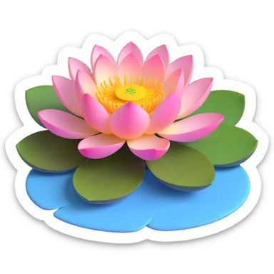 Elegant lotus flower with pink petals, yellow center and circular green lotus pad in water sticker
