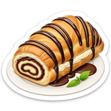  Chocolate-filled croissant roll, golden flaky pastry, chocolate drizzle on top, bite taken, white background, realistic food photo sticker