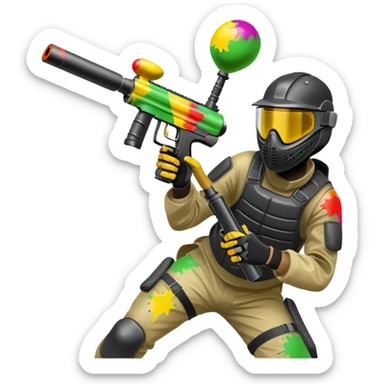 A dynamic scene of a player in action, holding a paintball gun and wearing protective gear. The background shows a vibrant paintball field with obstacles, colorful splatters of paint in the air, and an intense, competitive atmosphere. sticker