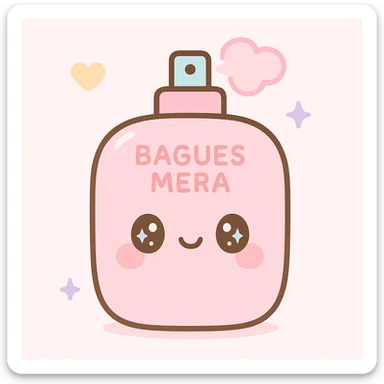 pink perfume bottle with the letters 'bagues mera', cute and tender kawaii style sticker