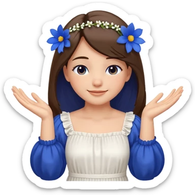 Generate a girl with her eyes closed and smiling and Boht her hands under the chin, palms facing upwards. She should be wearing a white dress with cobalt blue flowers on the dress and puffed sleeves. She has ling straight hair. Only her face and chest is visible. sticker