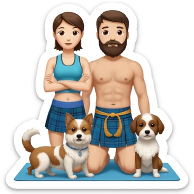emoji of brunette man with beard wearing kilt, brunette woman in yoga outfit and one white fluffy dog sticker