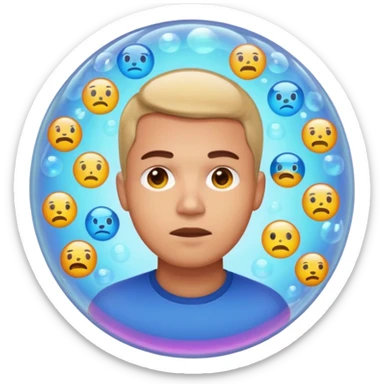 Realistic emoji-style man trapped inside a glowing filter bubble. The bubble contains identical social media icons and repeating content symbols. Outside the bubble are colorful diverse icons he cannot see. The man looks comfortable but unaware, expressing narrow perspective. sticker