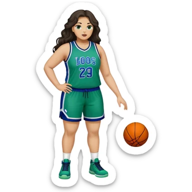 Full Body light skin Latino plus size women basketball player with long wavy dark hair  wearing blue and green uniform sticker