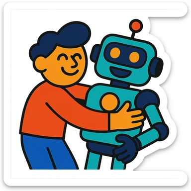 abstract illustration of a person hugging a friendly robot in vibrant toon style sticker