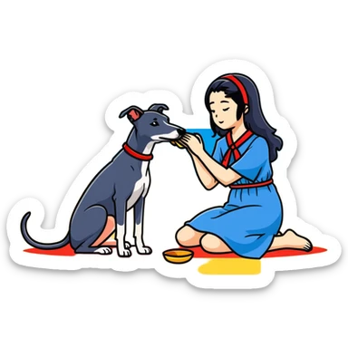 Only ONE beautiful 25-year-old Japanese woman with long flowing black hair wearing a stylish BLUE beach dress, gently PETTING her ONE PURE SOLID DARK GREY whippet with a bright RED COLLAR on a sunny beach. The woman is kneeling or bending down to pet the whippet, with her hand lovingly stroking the dog's head or back. The single whippet MUST be 100% SOLID DARK GREY with ABSOLUTELY NO WHITE MARKINGS ANYWHERE - specifically NO WHITE on face, NO WHITE on chest, NO WHITE on paws - ENTIRELY ONE CONSISTENT SOLID DARK GREY COLOR throughout. Just one woman and one dog. Bright blue daytime sky, sunshine, blue ocean and golden sand beach in the background. sticker