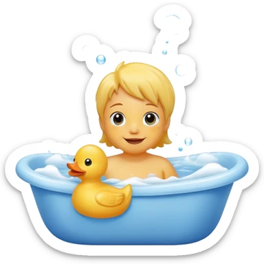 child splashing in a bathtub with rubber duck and bubbles, happy face sticker
