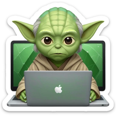 Yoda behind a laptop with a cyber shield on it sticker