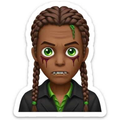 Glued braids men zombie with brown hair color and green eye color, with dark vampire clothes, brown skin sticker
