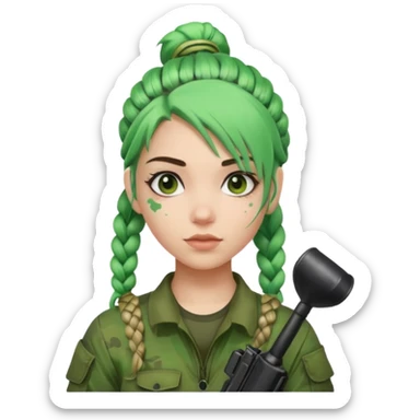 paintball player face girl braided green hair sticker