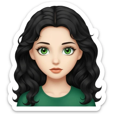 a girl with green eyes, long black wavy hair, subtle clean makeup sticker