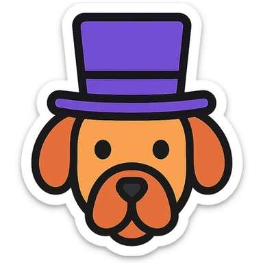 dog with a tophat, lineal color icon style, soft color fills and black outlines sticker