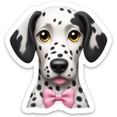 a female Dalmatian with brown eyes and all black ears wearing a pink bow sticker