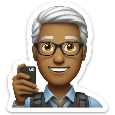 a man with square glasses holding a phone taking selfie and smile sticker