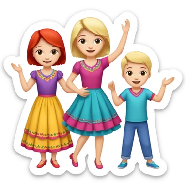 Super happy kids dancing and mom is sewing sticker
