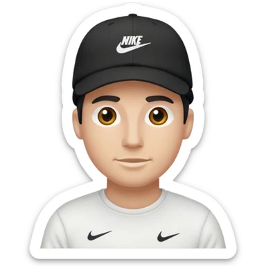 A guy wearing a white Nike shirt, a black Nike cap, sticker