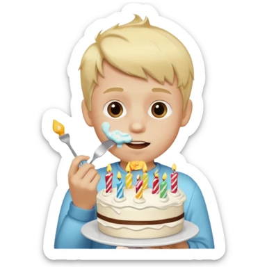 Blonde boy eating birthday cake sticker