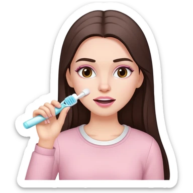 A white girl with makeup with long dark brown straight hair in pale pink clothes brushes her teeth sticker