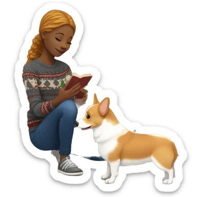 Ginger-blonde haired African American teen body playing with corgi in front of Christmas tree sticker