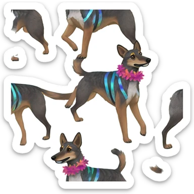  brindle brown black maroon striped lurcher Alsatian fox running blue eyes and iridescent holographic oilslick harness wearing paper iridescent tropical flower crown yellow caution tape sticker