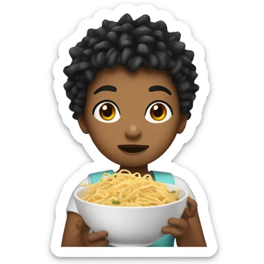 Girl with dark spiky hair eating noodles sticker