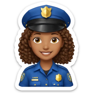 a cartoon-style avatar of a girl police officer with curly brown hair, wearing a black cap sticker