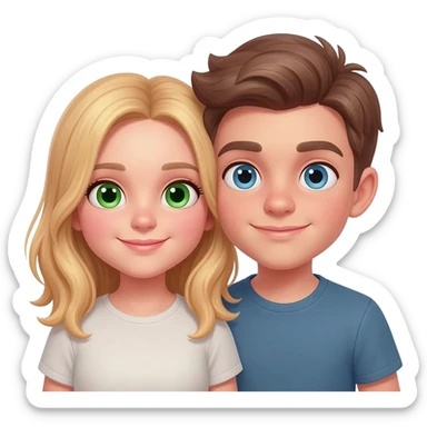 A girl with mediumblonde hair And green eyes in love with a boy with brown hair and blue hair sticker
