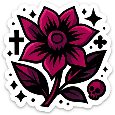 gothic flower, bold colors, dynamic shading, energetic, gothic motifs, black and magenta sticker