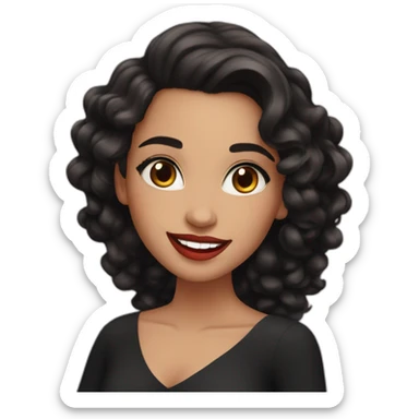 young moroccan woman with dark brown eyes, dark long curling hair, red lips, big smile, black dress sticker