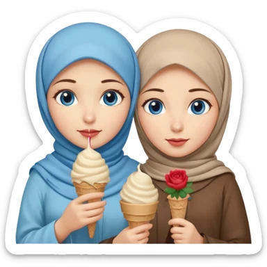 Turkish beautiful finish Konya two girls blue eyes with beige hijab islamic dress and had on her hand Rose ice cream sticker