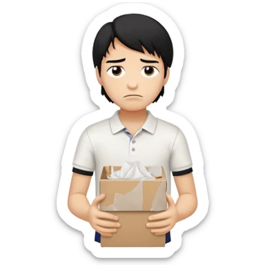generate a pretty bratz boy with long black hair, wearing a white polo shirt. Looking sad, holding a box of tissues sticker