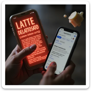 macro hyper-realistic shot of an ingredient list with 'LATTE DELATTOSATO (contiene lattosio <0.1%)' glowing red, a man's finger pointing at it, phone screen displaying a Google search for 'Lattasi sintetica effetti collaterali', and a floating lactose molecule sticker