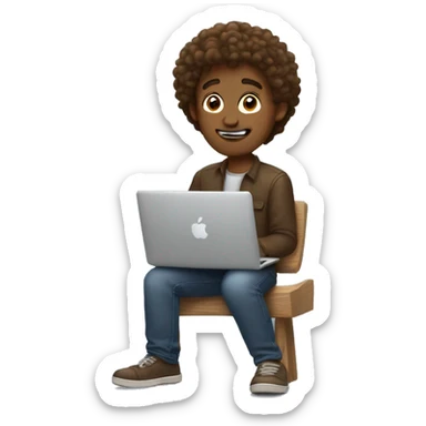 Guy with brown cirly hair sitting with macbook sticker