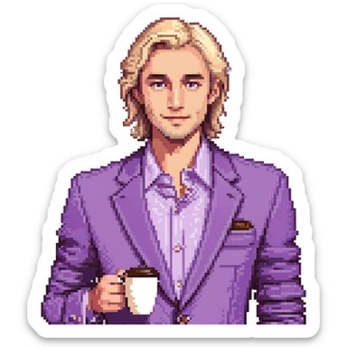 Confident male entrepreneur, Caucasian features, blonde hair, defined eyebrows, slight smile, wearing violet blazer over light violet shirt, holding a coffee cup in right hand, waist-up, front-facing sticker