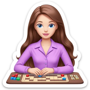 beautiful barbie girl with long brown hair, blue eyes and wearing light purple clothes playing board games sticker