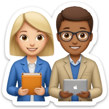 group of 5 colleagues 1 with computer, 1 with a copybook sticker