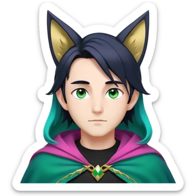 anime man with long-straight-dark-black-gradient hair with green accents, long black fox ears with pink Scapha, hazel-gradient-brown-turquoise eyes, gold earring, dark-blue-sweater, green cape,  sticker