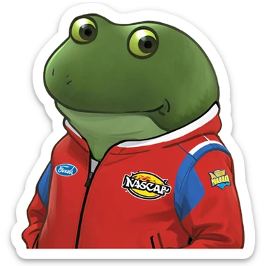 wearing a red nascar jacket with no text sticker
