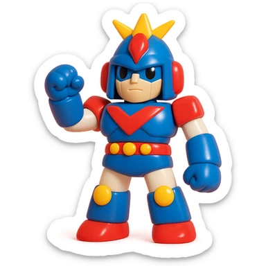 Voltes V robot, 3D toy style, shiny finish, bright colors, heroic pose sticker