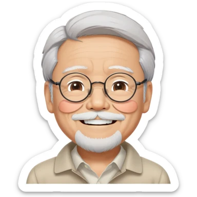 _cinematic-realistic-portrait-of-hayao-miyazaki,-depicted-with--large-rectangular-glasses,-his-happy-expression-rendered-in-lifelike-detail,-illuminated-with-soft,-realistic-lighting-that-emphasizes-his-creative-genius, his eyes shut  closed because of his large smile. eyes are shut sticker