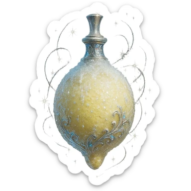 prabangus eliksyro buteliukas, šaldytos citrinos forma, šviesiai geltona, šerkšnas ir žėrintys efektai, sidabrinės ir holografinės detalės, daug magiškų efektų, labai mažas kaklelis, vientisas dugnas, buteliukas plūduriuoja ore, be pagrindo ar šešėlio, modernus, kolekcijai tinkamas, skaidrus fonas sticker