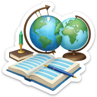 Create an emoji representing language translation. The design should feature a globe in the background, symbolizing international communication. In front of the globe, place two books or sheets of paper with texs on them and a pen nearby to indicate the act of writing. Add two arrows pointing in opposite directions between the sheets to represent the translation process. Use a clean and professional color palette with blues, greens, and neutral tones. Make the background transparent. sticker
